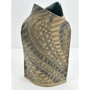 Hand Thrown Studio Art Pottery Vase Green Glaze Inside Art Ceramic